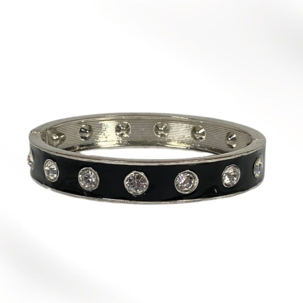 VTG Enamel Rhinestone Studded Bracelet Black Silver Tone Hinged Bangle Clamper